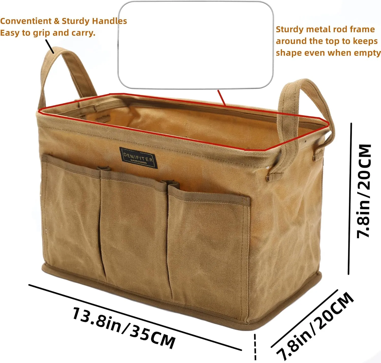 Denifiter Heavy Duty 16oz Waxed Canvas Tool Bag, Rectangle Foldable Open Top Tool Bags with Handles,7 Pockets &13.8 x 7.8 x 7.8 Inches 3-Pack (Khaki)