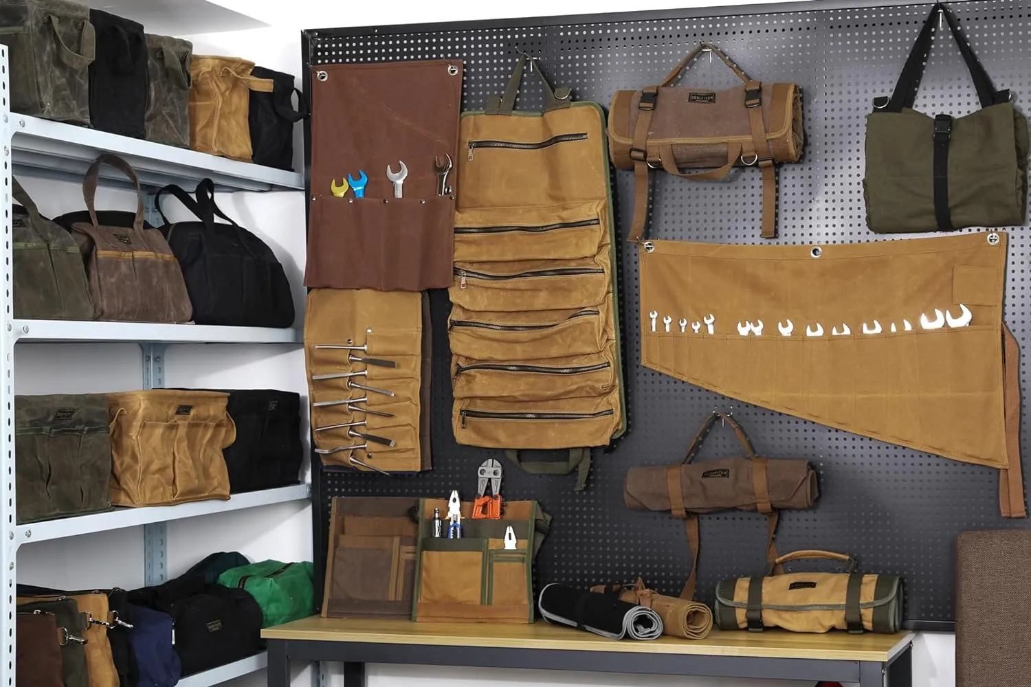 Denifiter Heavy Duty 16oz Waxed Canvas Tool Bag, Rectangle Foldable Open Top Tool Bags with Handles,7 Pockets &13.8 x 7.8 x 7.8 Inches 3-Pack (Khaki)