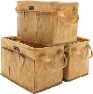 Denifiter Heavy Duty 16oz Waxed Canvas Tool Bag, Rectangle Foldable Open Top Tool Bags with Handles,7 Pockets &13.8 x 7.8 x 7.8 Inches 3-Pack (Khaki)