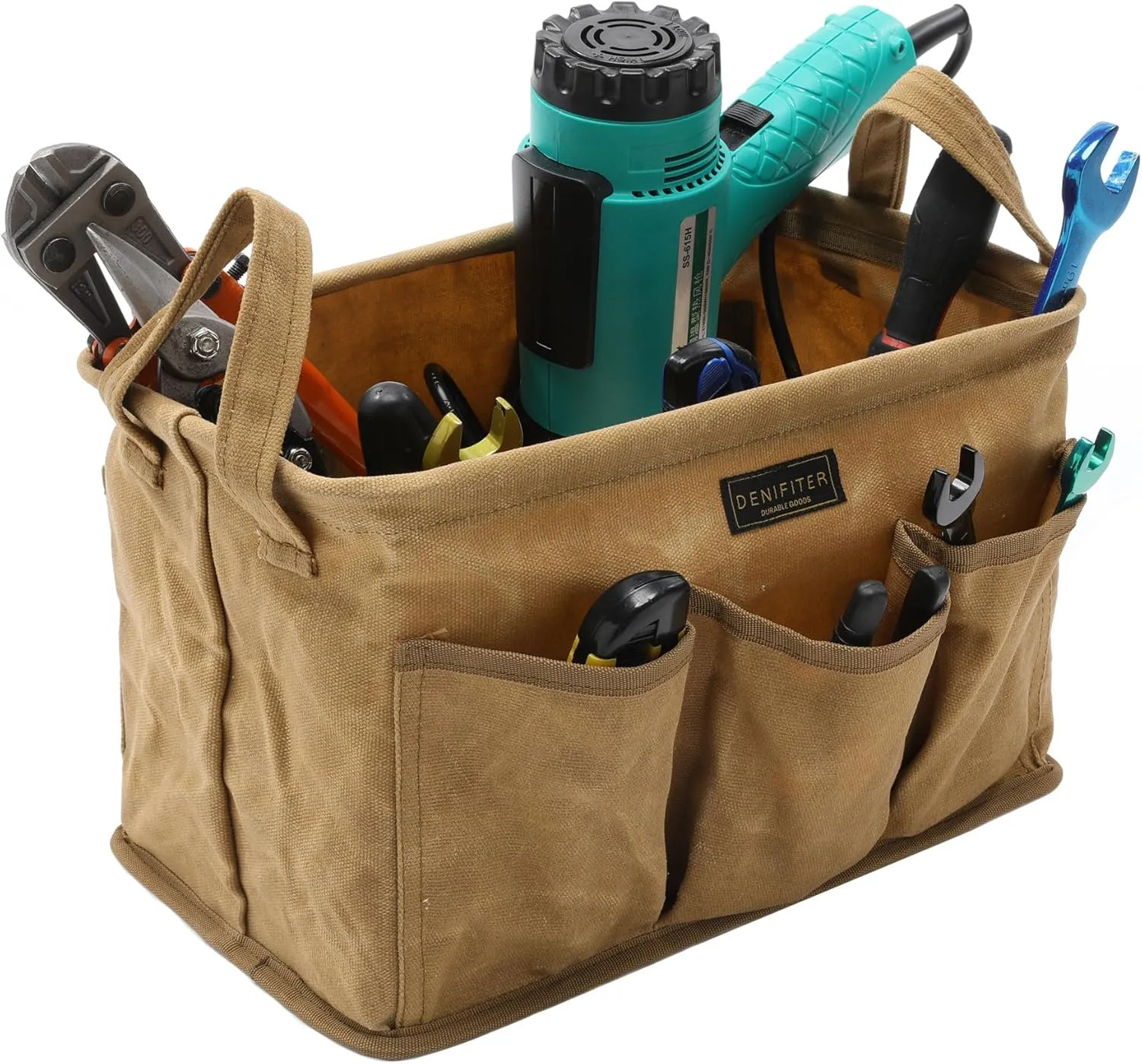 Denifiter Heavy Duty 16oz Waxed Canvas Tool Bag, Rectangle Foldable Open Top Tool Bags with Handles,7 Pockets &13.8 x 7.8 x 7.8 Inches 3-Pack (Khaki)
