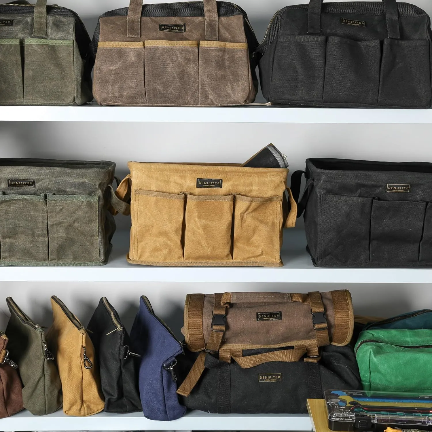 Denifiter Heavy Duty 16oz Waxed Canvas Tool Bag, Rectangle Foldable Open Top Tool Bags with Handles,7 Pockets &13.8 x 7.8 x 7.8 Inches 3-Pack (Khaki)