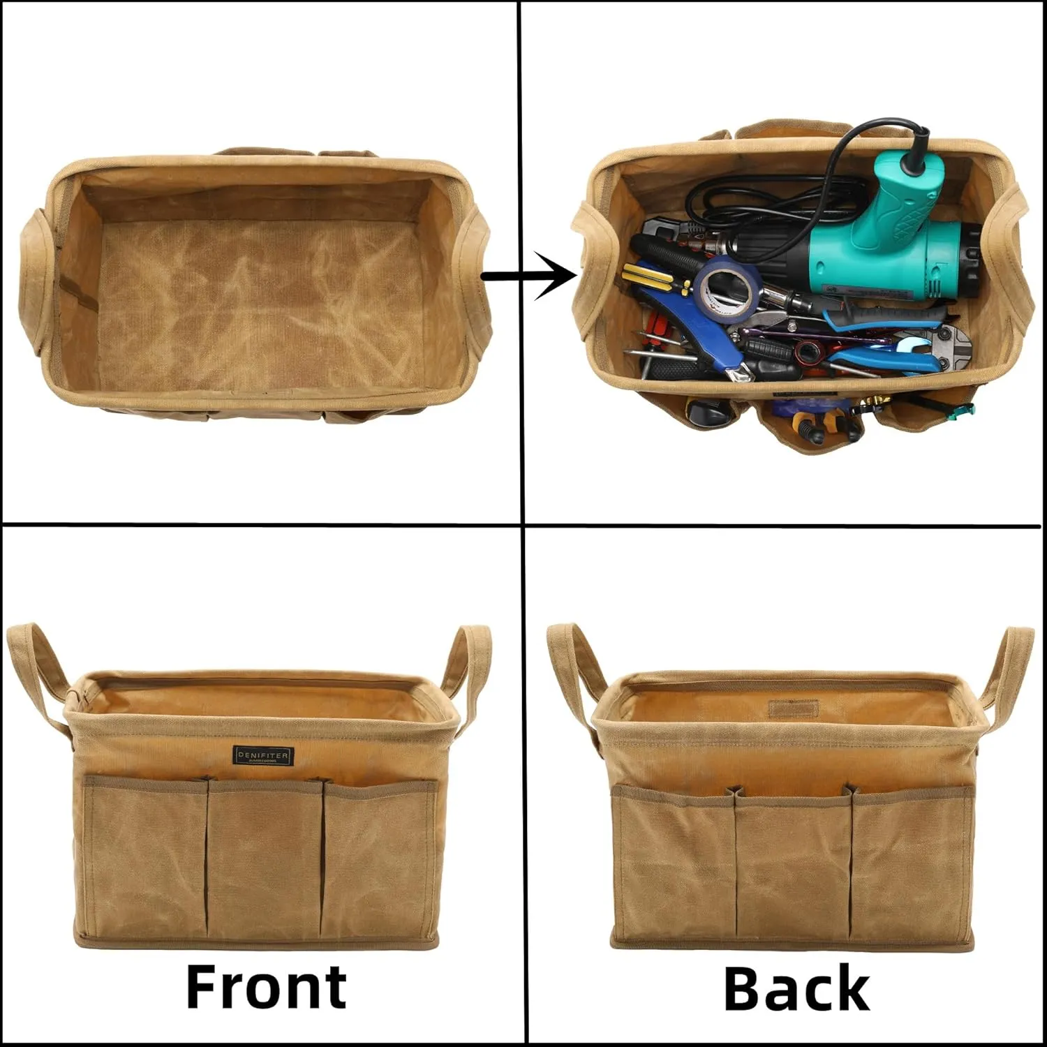 Denifiter Heavy Duty 16oz Waxed Canvas Tool Bag, Rectangle Foldable Open Top Tool Bags with Handles,7 Pockets &13.8 x 7.8 x 7.8 Inches 3-Pack (Khaki)