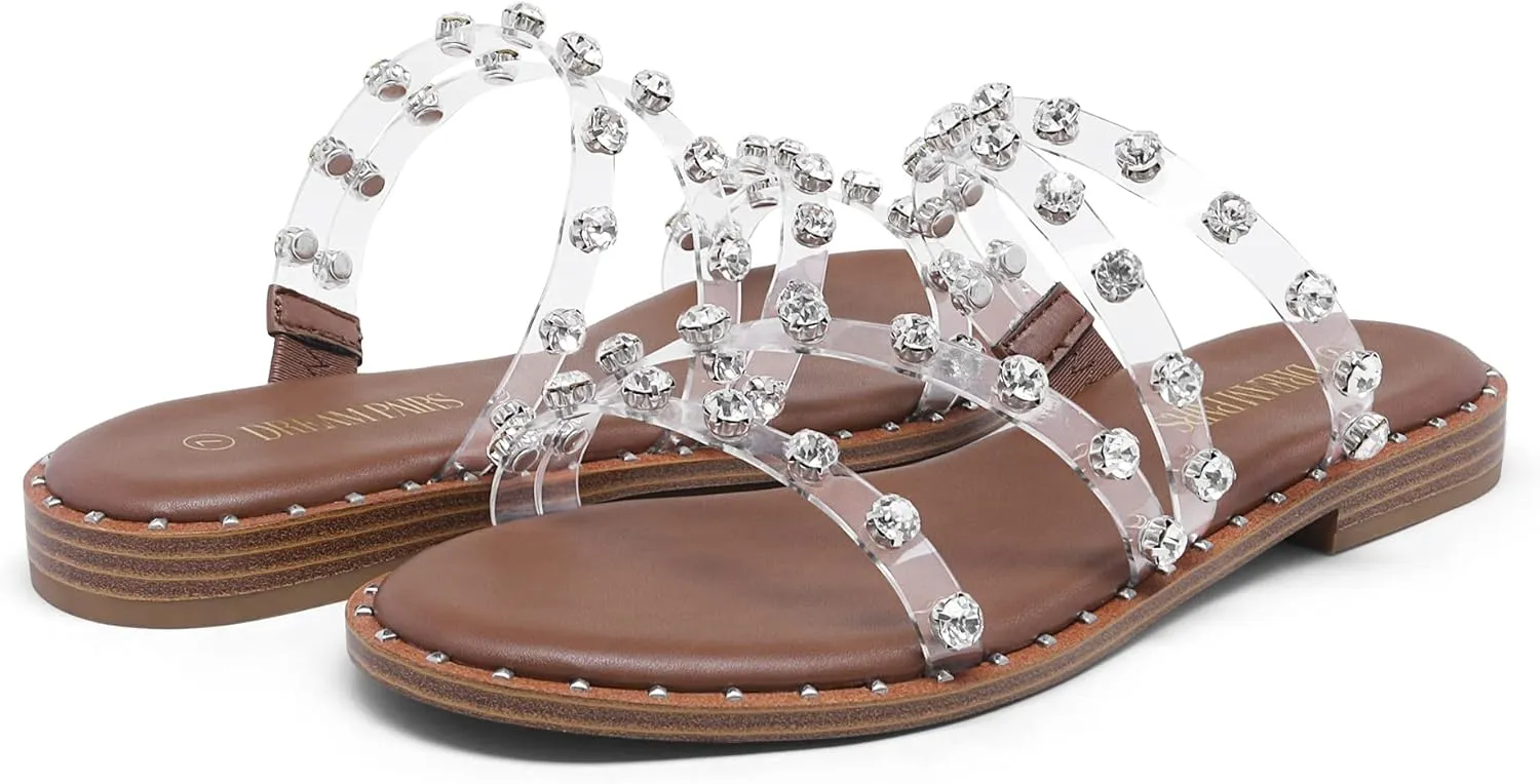 DREAM PAIRS Women's Clear Studded Rhinestone Slide Sandals Slip on Open Toe Cute Flat Sandals for Summer