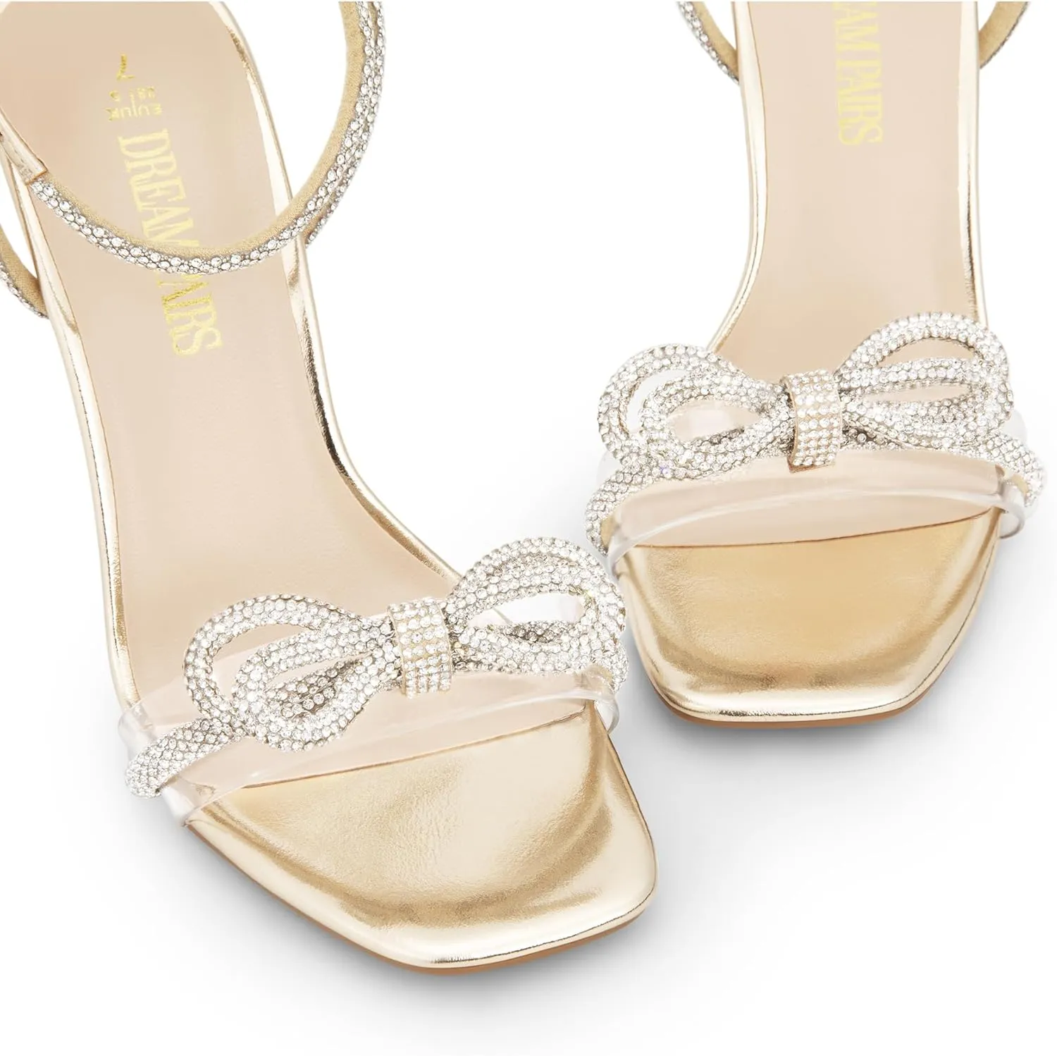 DREAM PAIRS Women's Double Bowknots Crystal Sandals Clear Slingback Heels Square Toe Shoes for Party Wedding