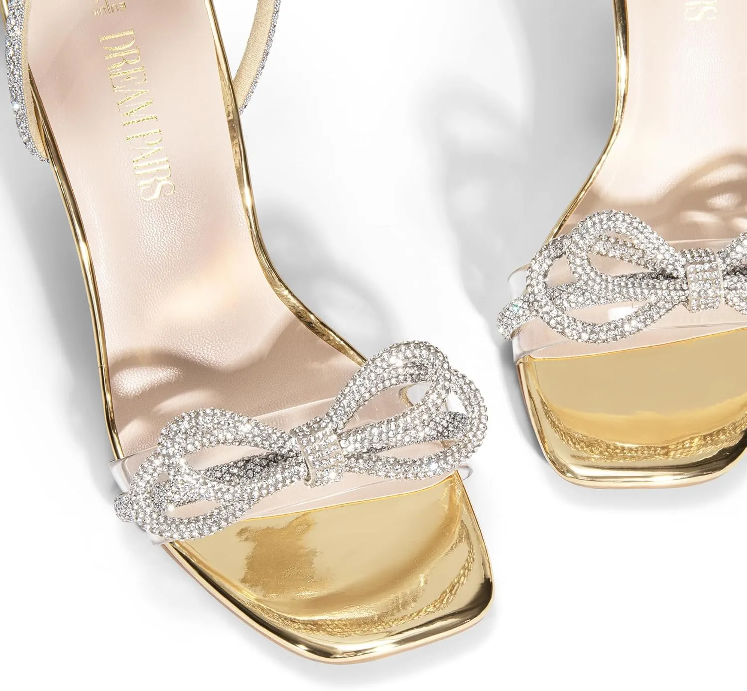 DREAM PAIRS Women's Double Bowknots Crystal Sandals Clear Slingback Heels Square Toe Shoes for Party Wedding