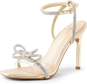 DREAM PAIRS Women's Double Bowknots Crystal Sandals Clear Slingback Heels Square Toe Shoes for Party Wedding