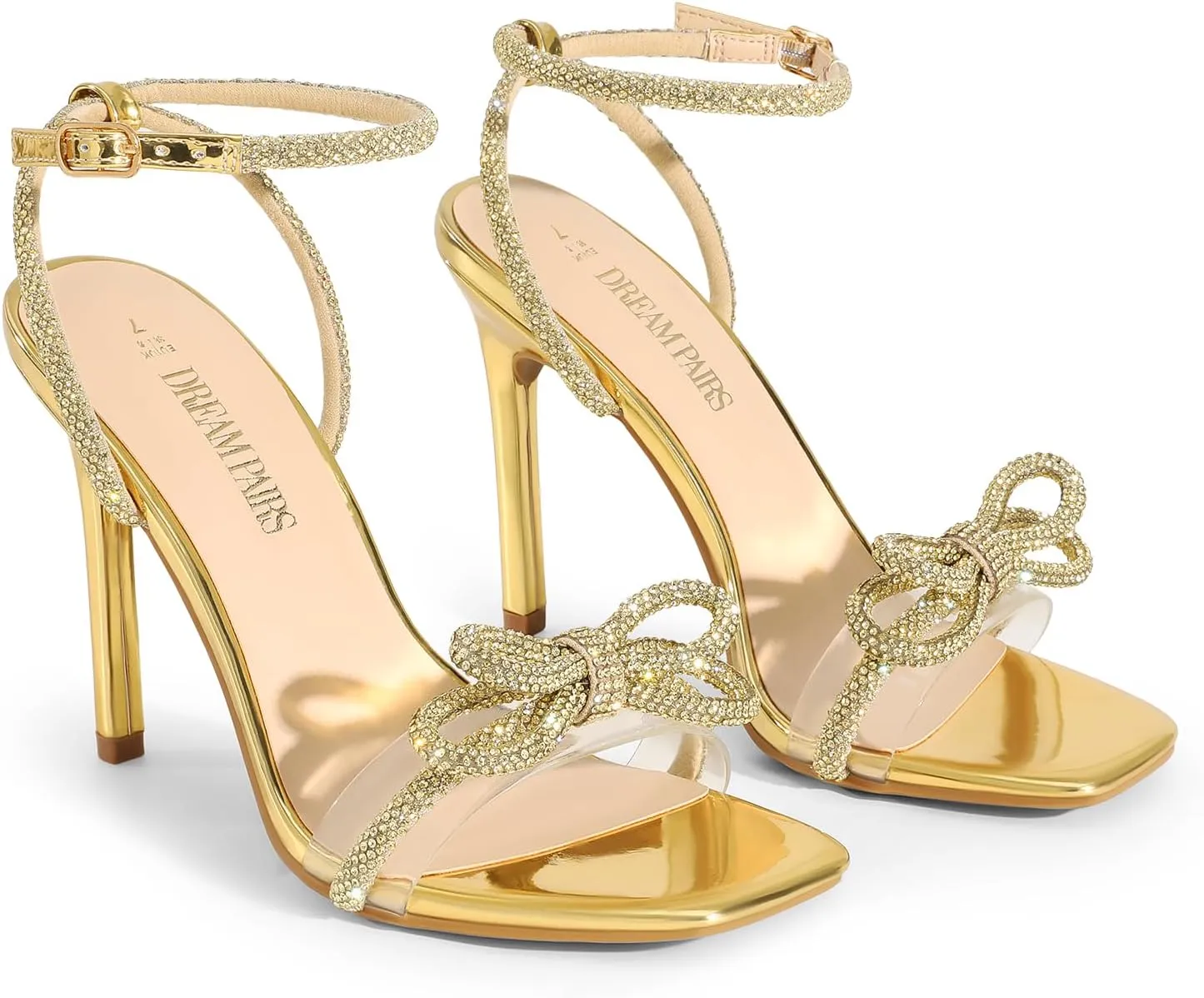 DREAM PAIRS Women's Double Bowknots Crystal Sandals Clear Slingback Heels Square Toe Shoes for Party Wedding