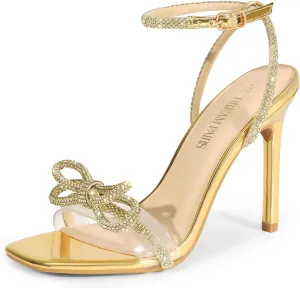 DREAM PAIRS Women's Double Bowknots Crystal Sandals Clear Slingback Heels Square Toe Shoes for Party Wedding