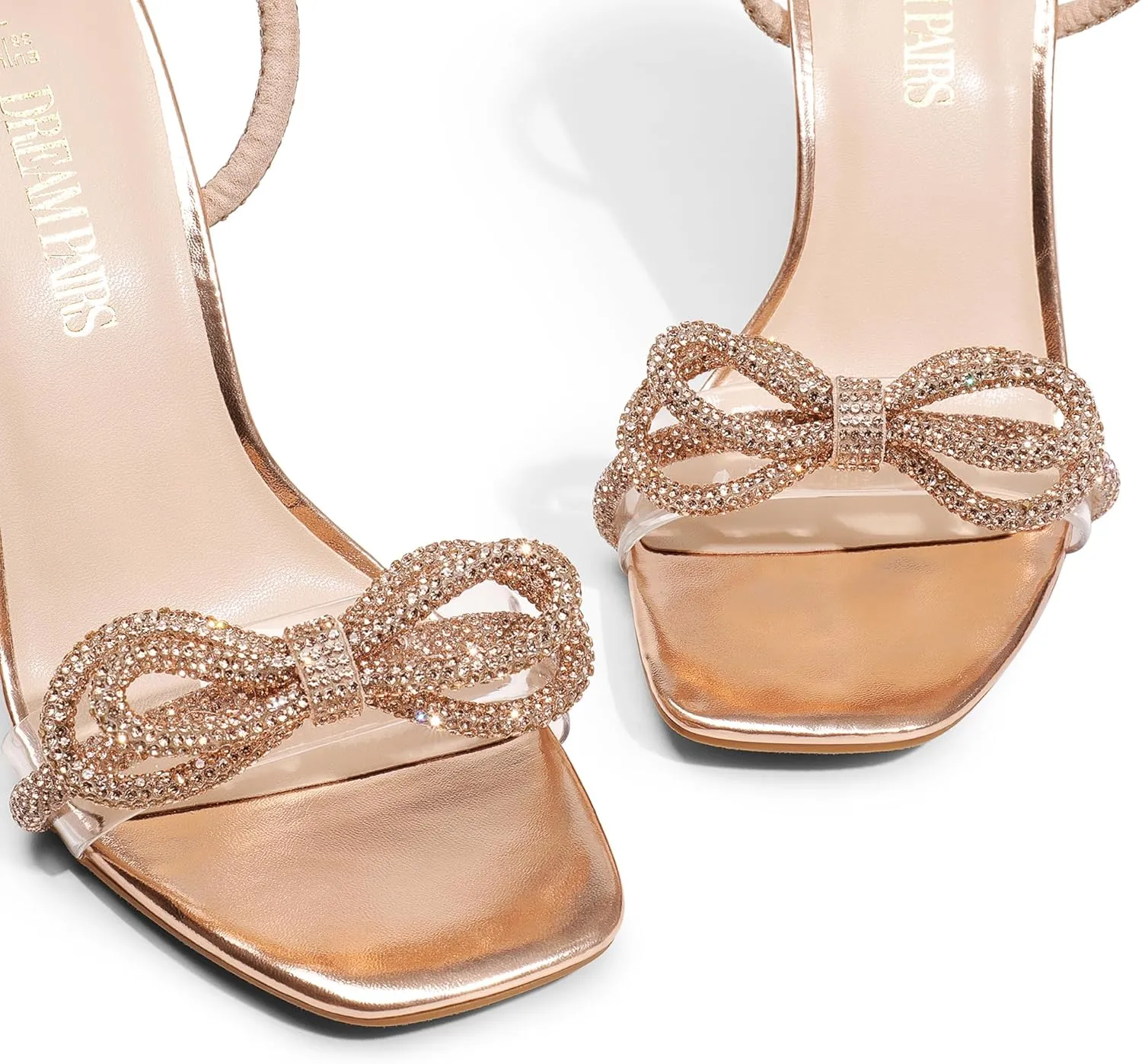 DREAM PAIRS Women's Double Bowknots Crystal Sandals Clear Slingback Heels Square Toe Shoes for Party Wedding