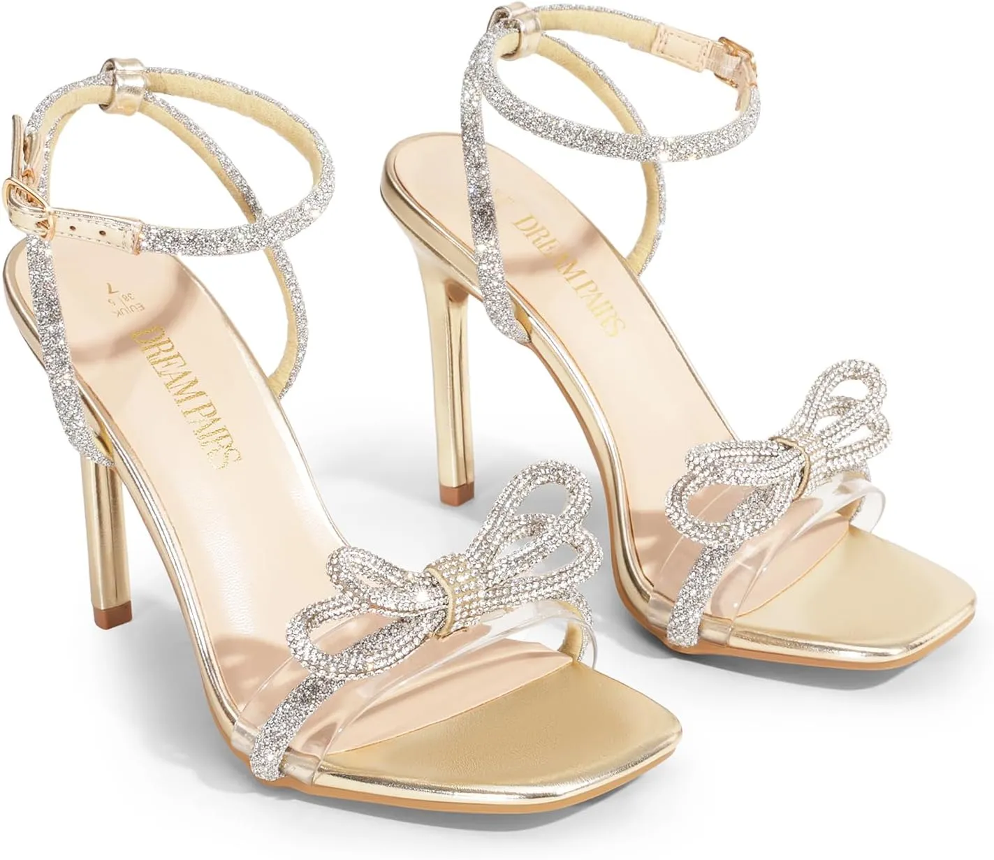 DREAM PAIRS Women's Double Bowknots Crystal Sandals Clear Slingback Heels Square Toe Shoes for Party Wedding