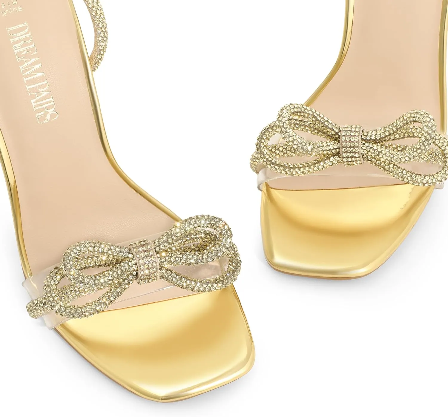 DREAM PAIRS Women's Double Bowknots Crystal Sandals Clear Slingback Heels Square Toe Shoes for Party Wedding