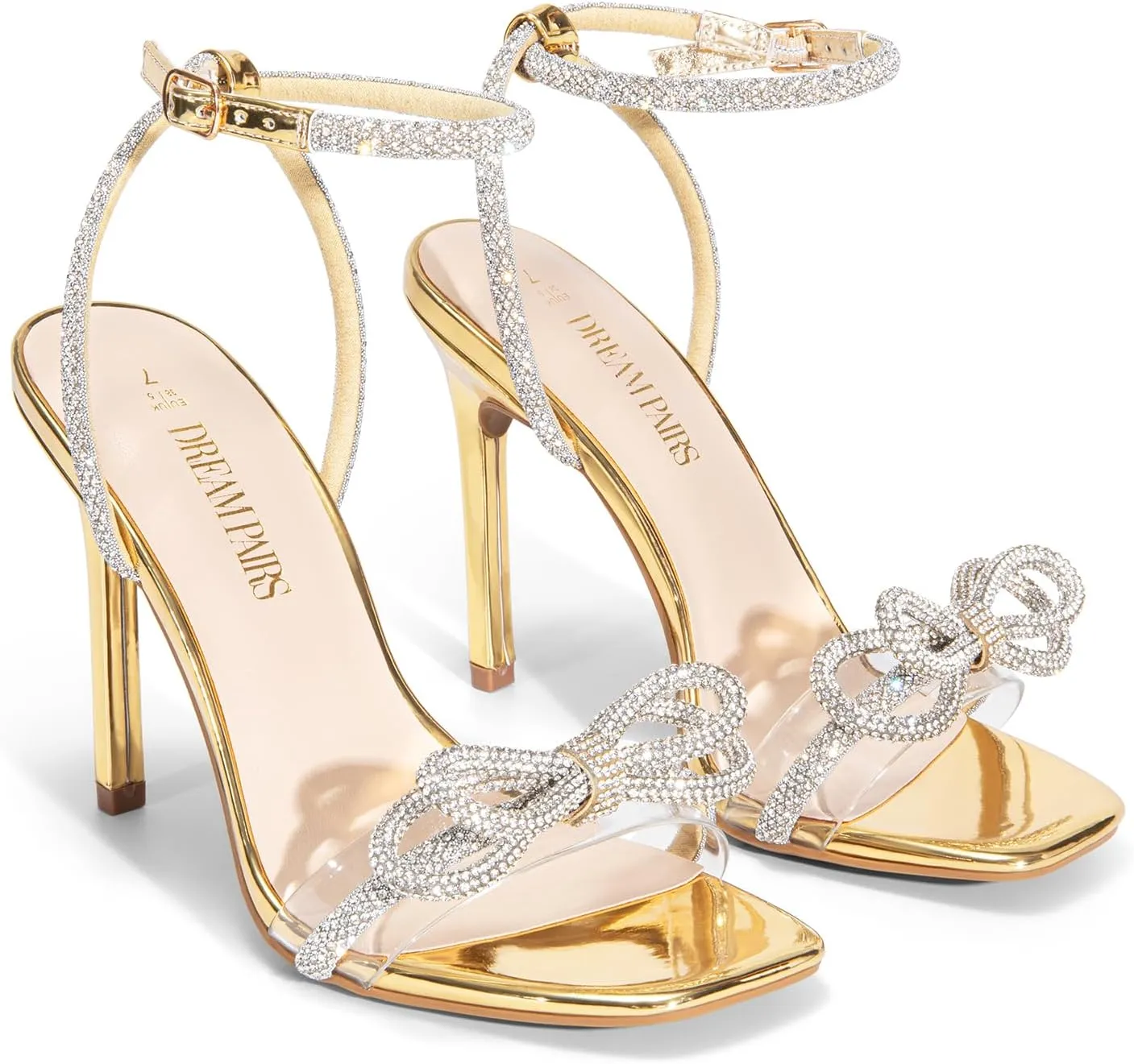 DREAM PAIRS Women's Double Bowknots Crystal Sandals Clear Slingback Heels Square Toe Shoes for Party Wedding