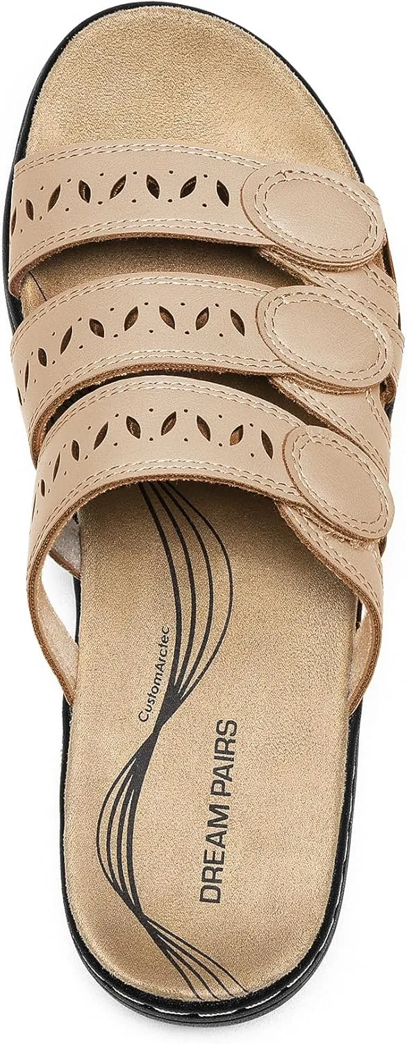 DREAM PAIRS Women's Slide Sandals Comfortable Arch Support Casual Walking Sandals Adjustable Straps Slip On Low Wedge Flat Sandals