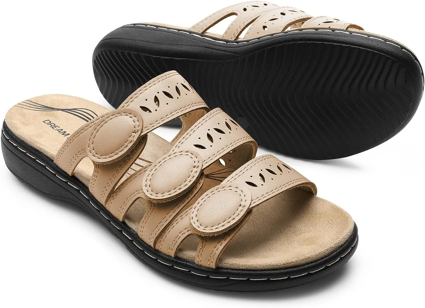 DREAM PAIRS Women's Slide Sandals Comfortable Arch Support Casual Walking Sandals Adjustable Straps Slip On Low Wedge Flat Sandals