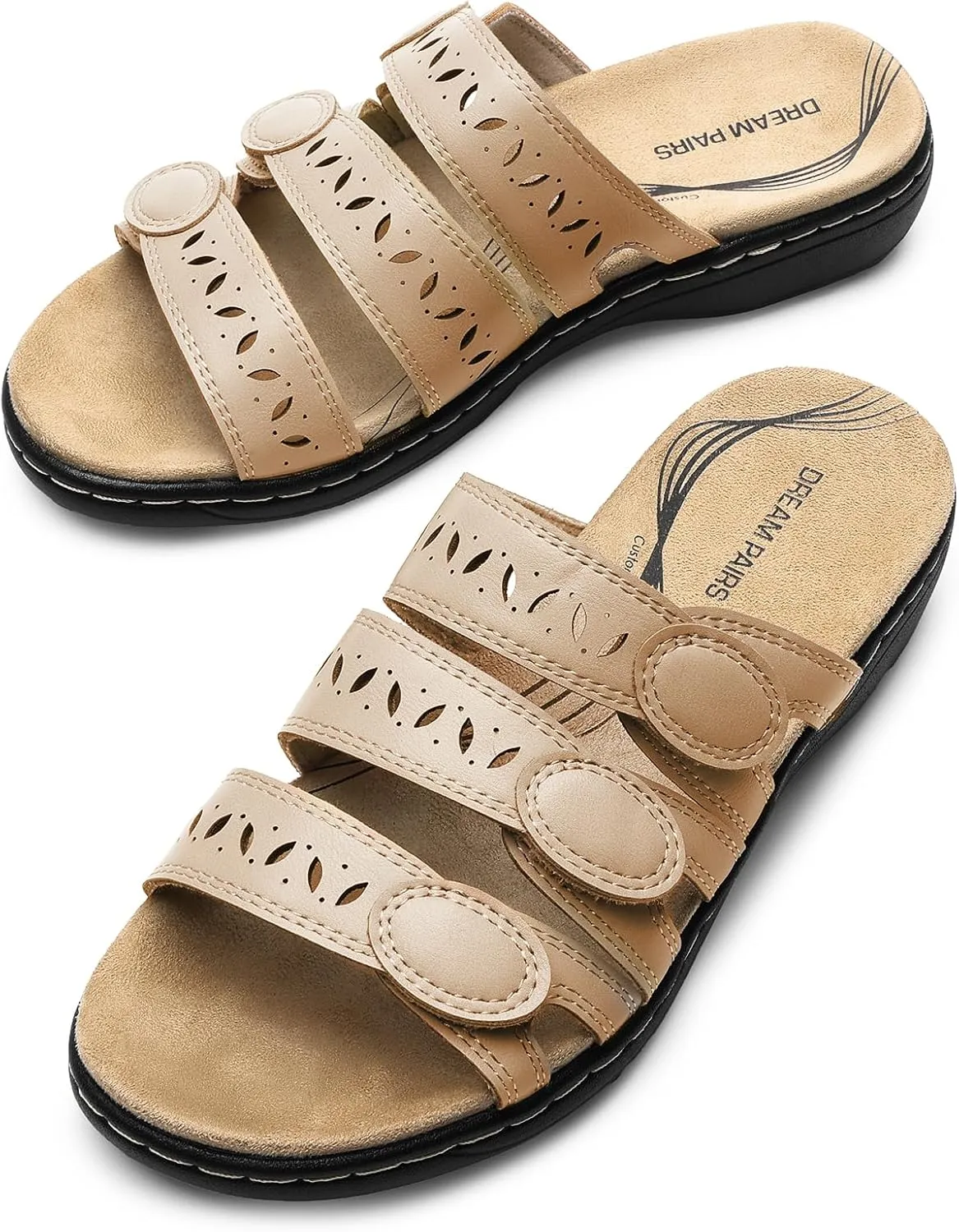 DREAM PAIRS Women's Slide Sandals Comfortable Arch Support Casual Walking Sandals Adjustable Straps Slip On Low Wedge Flat Sandals