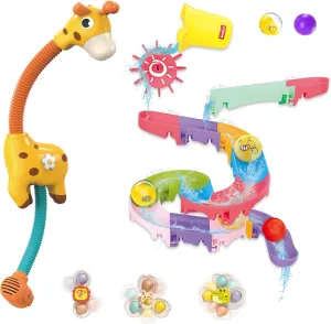 Duck Slide Toddler Bath Toys - Mostop Baby Bathtub Toy with Giraffe Shower Head Sprayer, 3 Suction Cups Spinner Toys, Baby Shower Fun Bath Wall Toys Gift for Toddlers Boys Girls