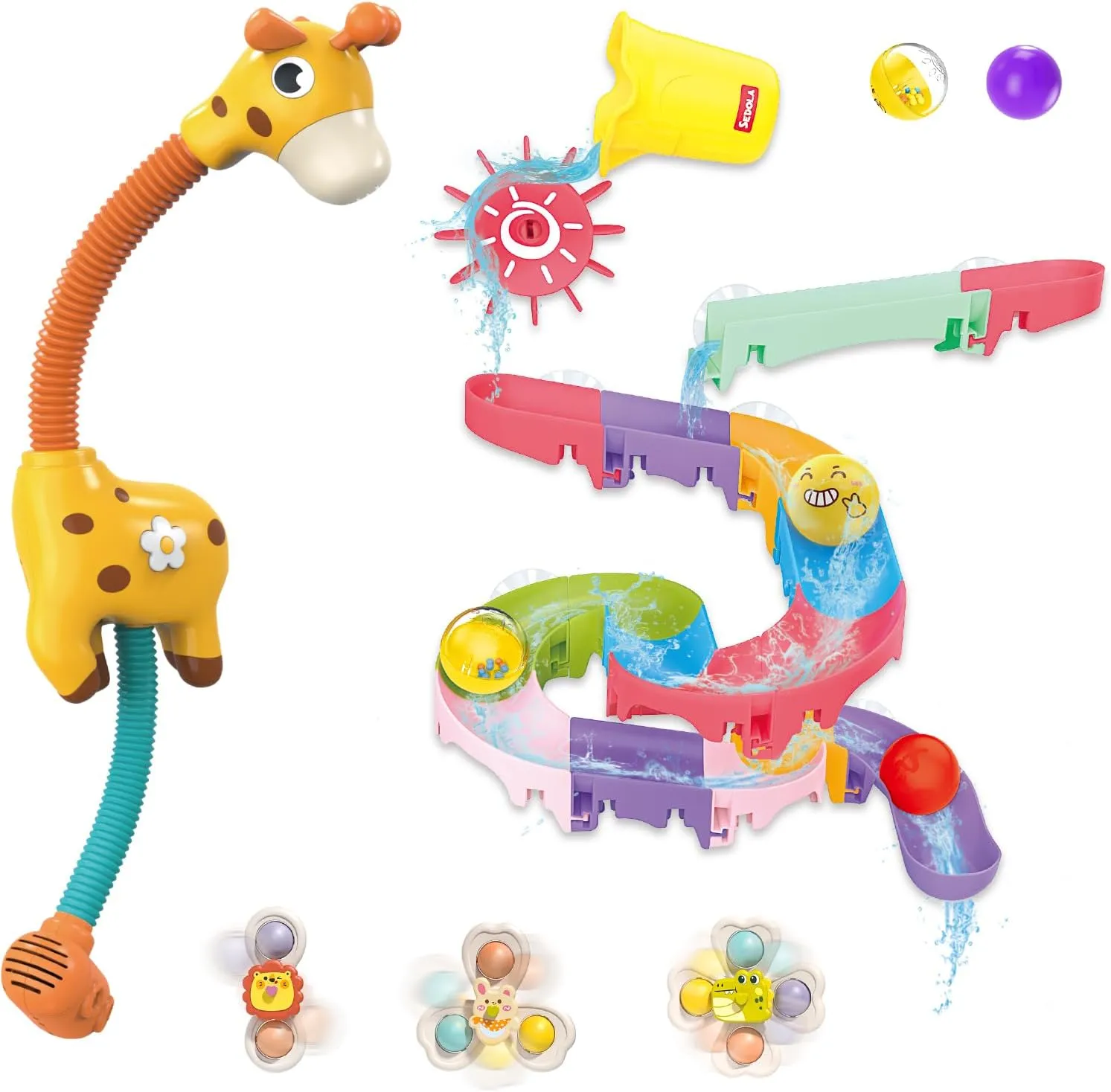 Duck Slide Toddler Bath Toys - Mostop Baby Bathtub Toy with Giraffe Shower Head Sprayer, 3 Suction Cups Spinner Toys, Baby Shower Fun Bath Wall Toys Gift for Toddlers Boys Girls
