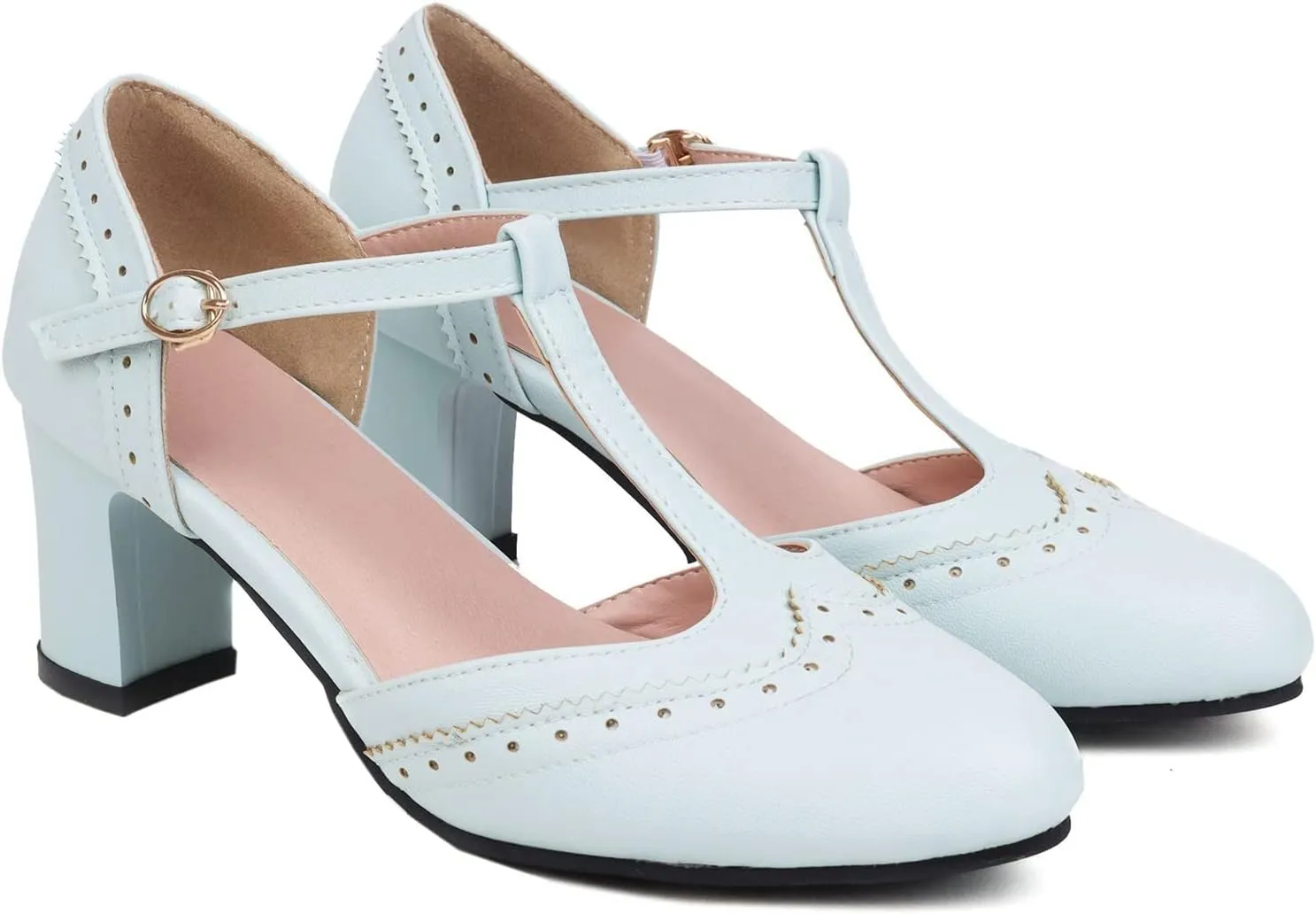 Elbslutt Women's T Strap Mary Janes Wingtip Pumps Mid Chunky Block Heels Rockabilly Retro Vintage Shoes Heeled Sandals