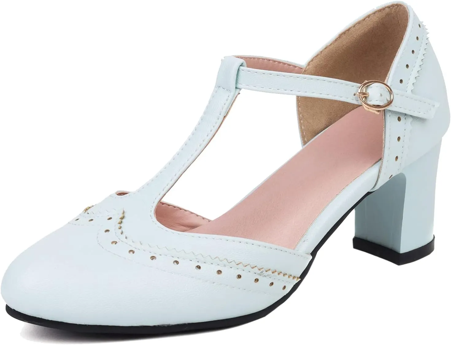 Elbslutt Women's T Strap Mary Janes Wingtip Pumps Mid Chunky Block Heels Rockabilly Retro Vintage Shoes Heeled Sandals