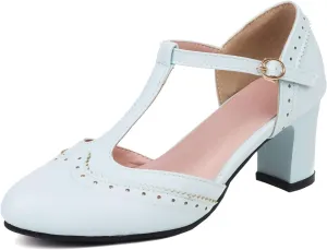 Elbslutt Women's T Strap Mary Janes Wingtip Pumps Mid Chunky Block Heels Rockabilly Retro Vintage Shoes Heeled Sandals