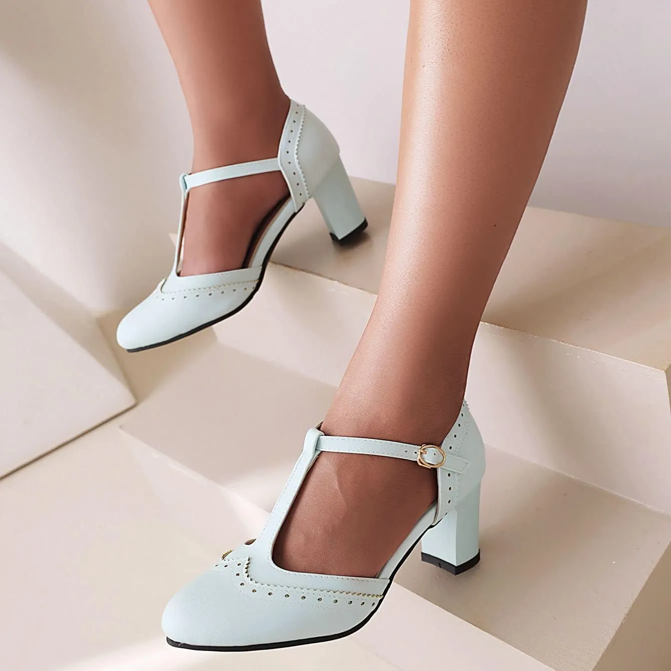 Elbslutt Women's T Strap Mary Janes Wingtip Pumps Mid Chunky Block Heels Rockabilly Retro Vintage Shoes Heeled Sandals
