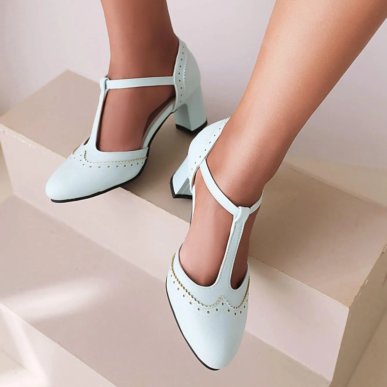 Elbslutt Women's T Strap Mary Janes Wingtip Pumps Mid Chunky Block Heels Rockabilly Retro Vintage Shoes Heeled Sandals