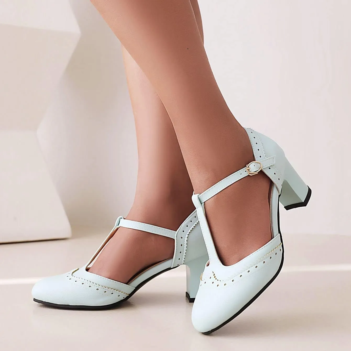 Elbslutt Women's T Strap Mary Janes Wingtip Pumps Mid Chunky Block Heels Rockabilly Retro Vintage Shoes Heeled Sandals