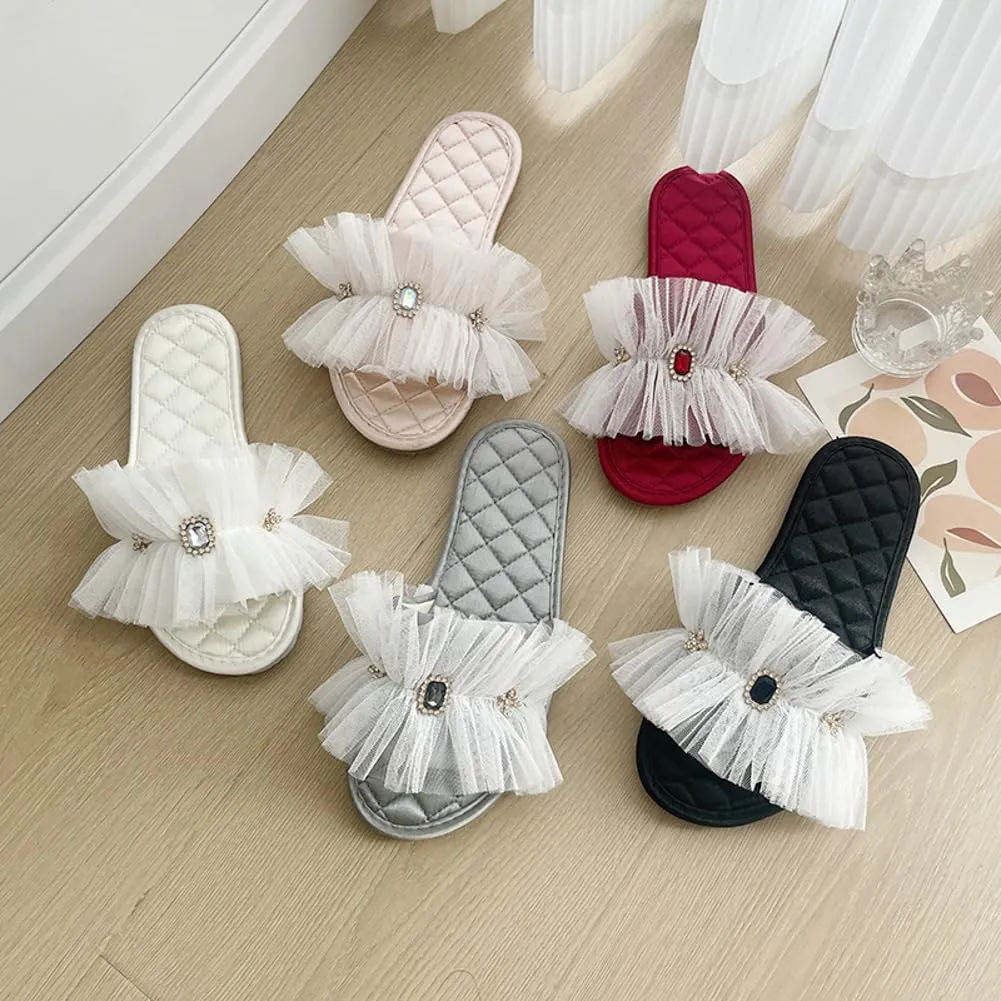 Elegant Satin Slippers for Women Indoor Outdoor Soft Lace Slide Rhinestone Sandals Open Toe Slide Shoes House Shoes