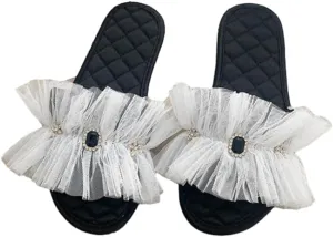 Elegant Satin Slippers for Women Indoor Outdoor Soft Lace Slide Rhinestone Sandals Open Toe Slide Shoes House Shoes