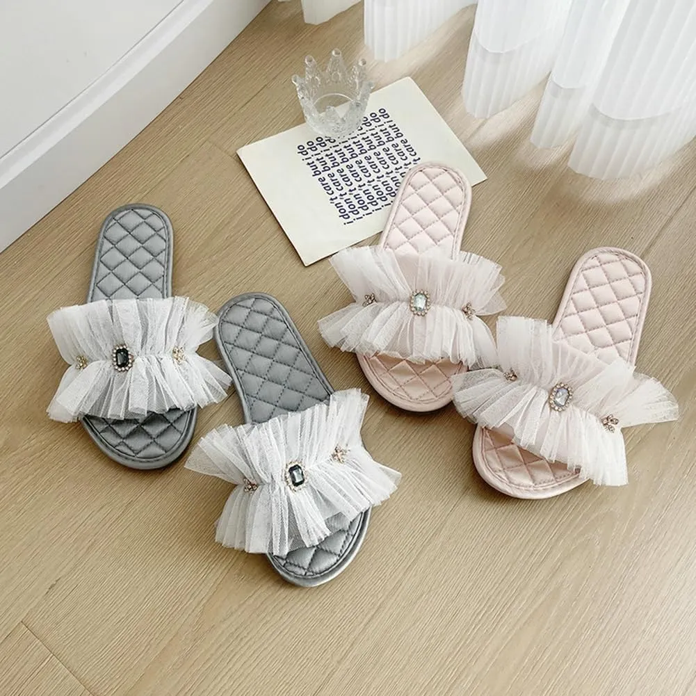 Elegant Satin Slippers for Women Indoor Outdoor Soft Lace Slide Rhinestone Sandals Open Toe Slide Shoes House Shoes
