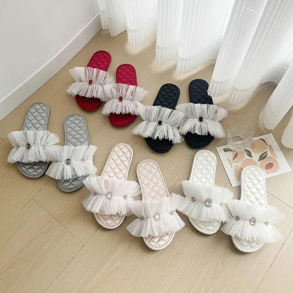 Elegant Satin Slippers for Women Indoor Outdoor Soft Lace Slide Rhinestone Sandals Open Toe Slide Shoes House Shoes