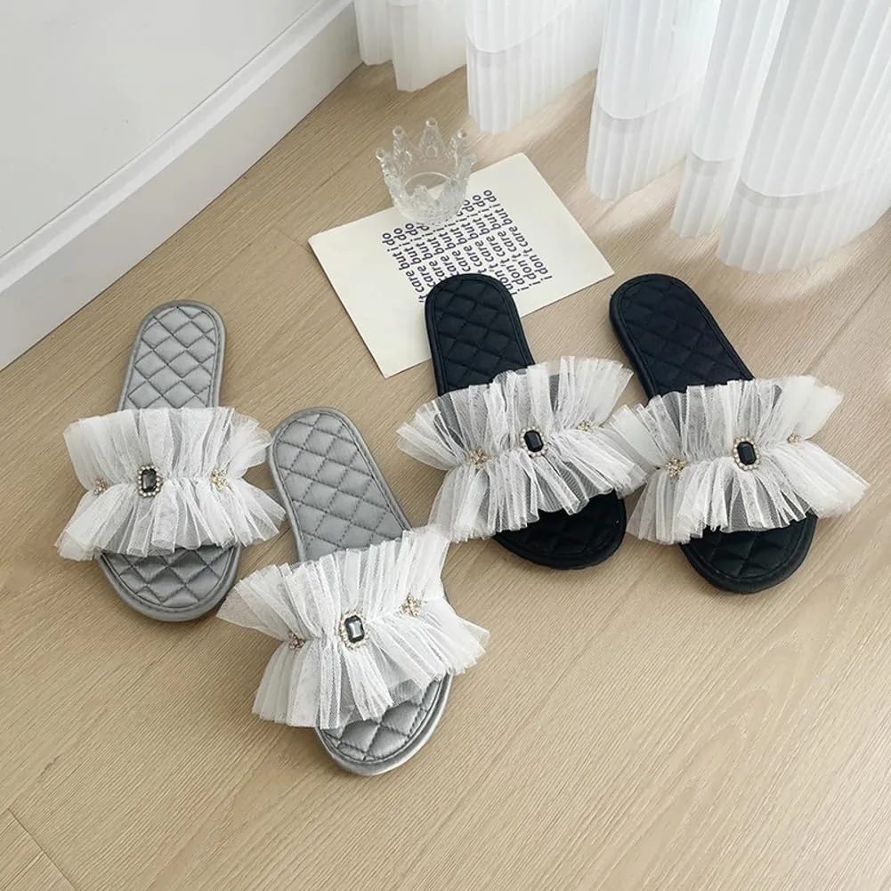 Elegant Satin Slippers for Women Indoor Outdoor Soft Lace Slide Rhinestone Sandals Open Toe Slide Shoes House Shoes