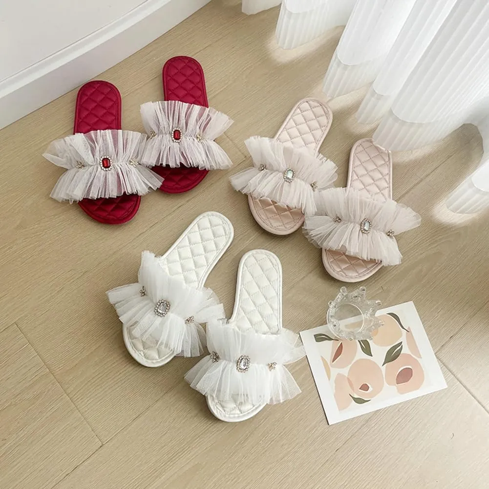 Elegant Satin Slippers for Women Indoor Outdoor Soft Lace Slide Rhinestone Sandals Open Toe Slide Shoes House Shoes