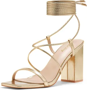 Elisabet Tang Women's Strappy Chunky Heels Sandals, 3 inch Low Block Heels Lace Up Ankle Wrap Heel Square Open Toe Tie Up Heeled Sandals Shoes