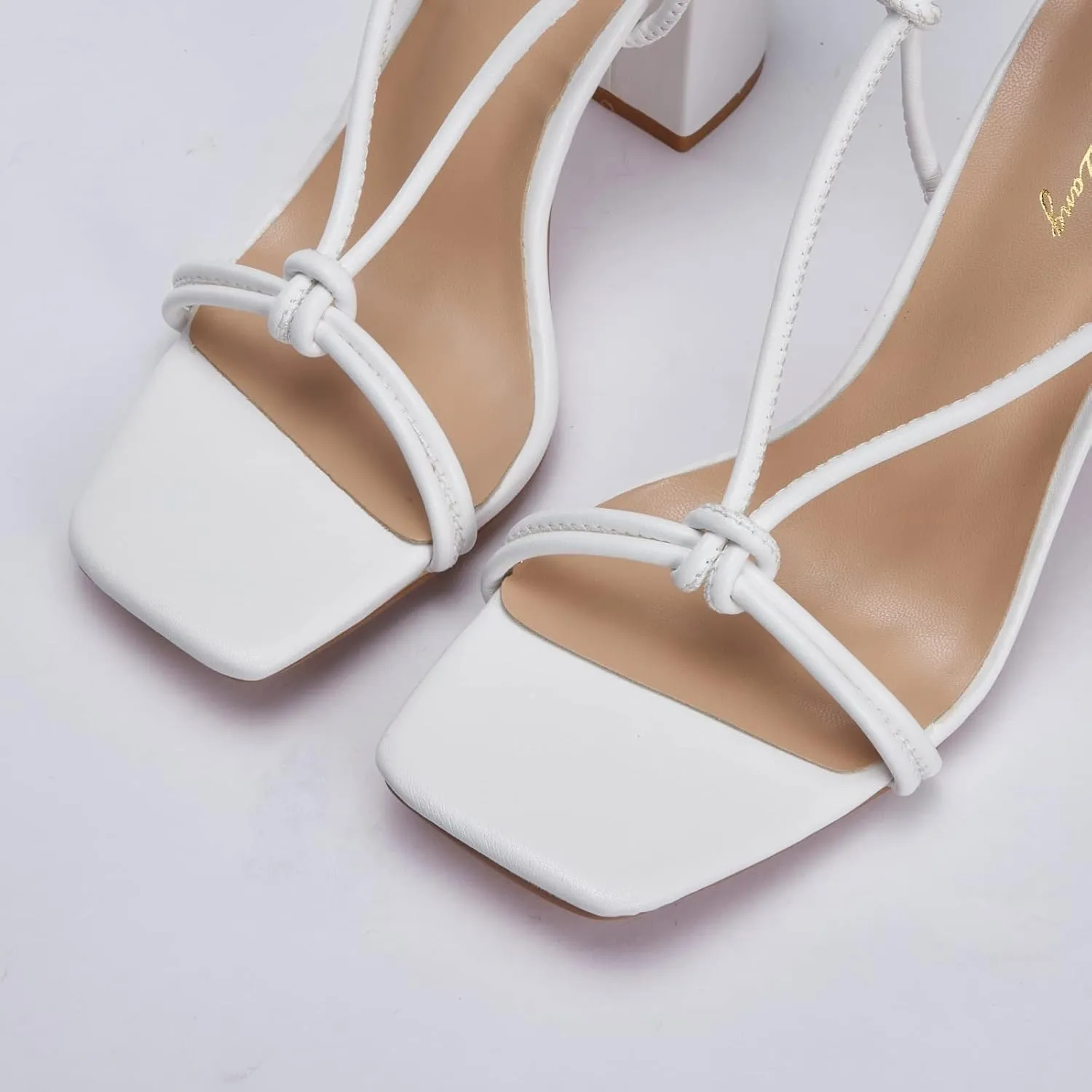 Elisabet Tang Women's Strappy Chunky Heels Sandals, 3 inch Low Block Heels Lace Up Ankle Wrap Heels Square Open Toe Tie Up Heeled Sandals Shoes