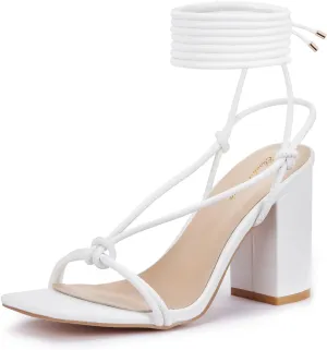 Elisabet Tang Women's Strappy Chunky Heels Sandals, 3 inch Low Block Heels Lace Up Ankle Wrap Heels Square Open Toe Tie Up Heeled Sandals Shoes