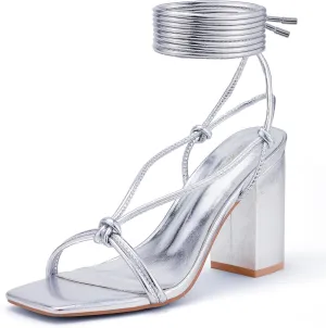 Elisabet Tang Women's Strappy Chunky Heels Sandals, Lace Up 3 inch Low Block Heels Ankle Wrap Heel Square Open Toe Tie Up Heeled Sandals Shoes Silver Size 6