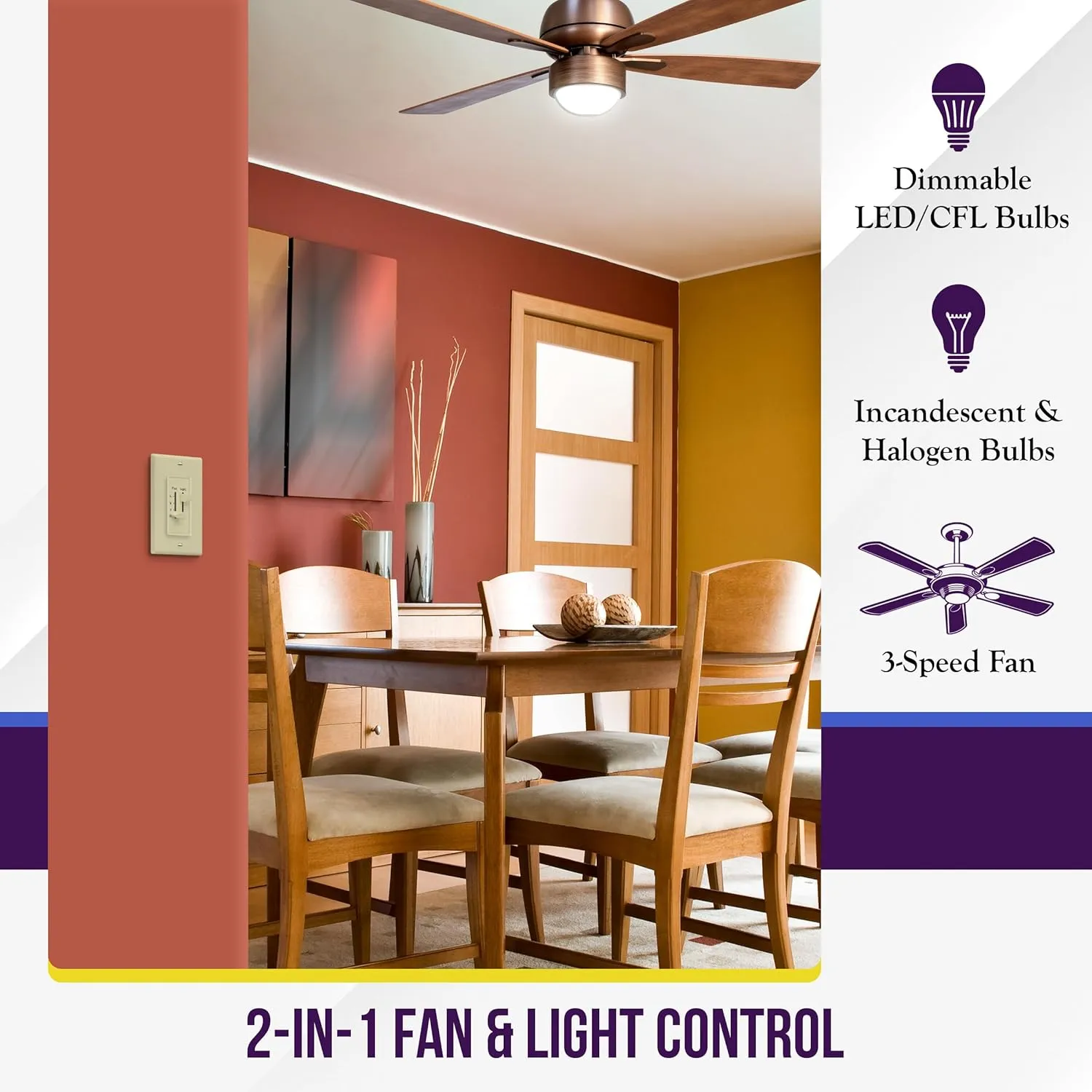 ENERLITES 3 Speed Ceiling Fan Control and LED Dimmer Light Switch, Light and Fan Combination Switch, Single Pole, 2.5A, 300W Incandescent, No Neutral Wire Required, 17001-F3-I-F, Ivory