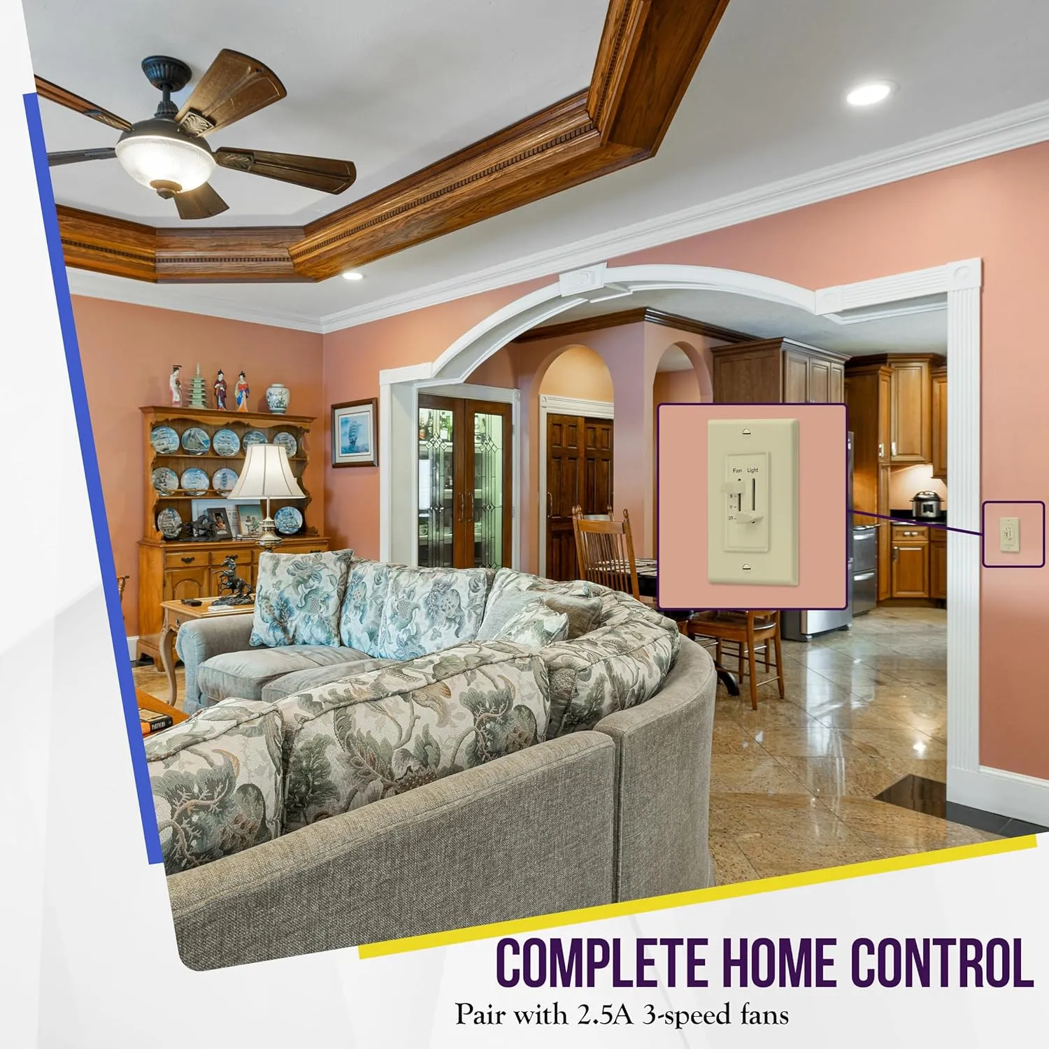 ENERLITES 3 Speed Ceiling Fan Control and LED Dimmer Light Switch, Light and Fan Combination Switch, Single Pole, 2.5A, 300W Incandescent, No Neutral Wire Required, 17001-F3-I-F, Ivory