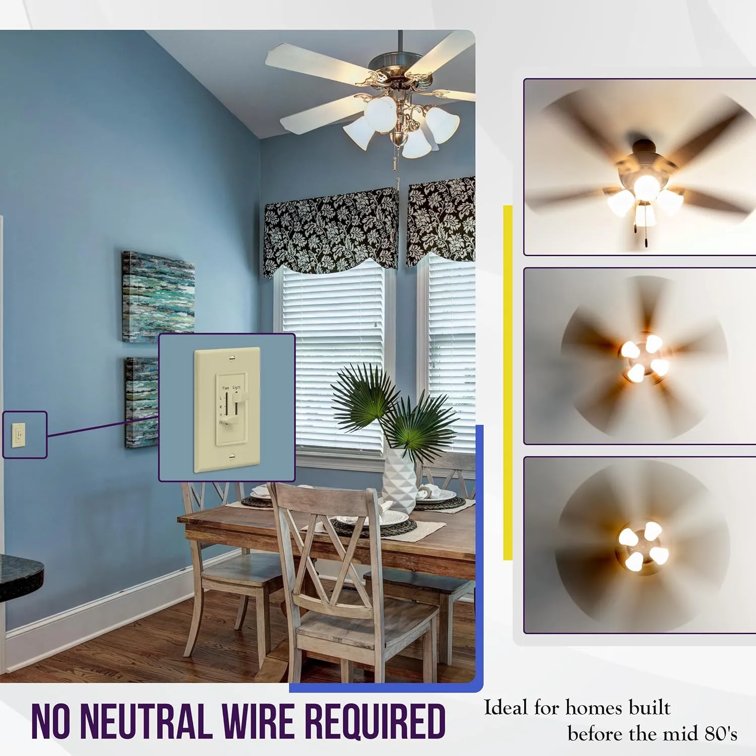 ENERLITES 3 Speed Ceiling Fan Control and LED Dimmer Light Switch, Light and Fan Combination Switch, Single Pole, 2.5A, 300W Incandescent, No Neutral Wire Required, 17001-F3-I-F, Ivory