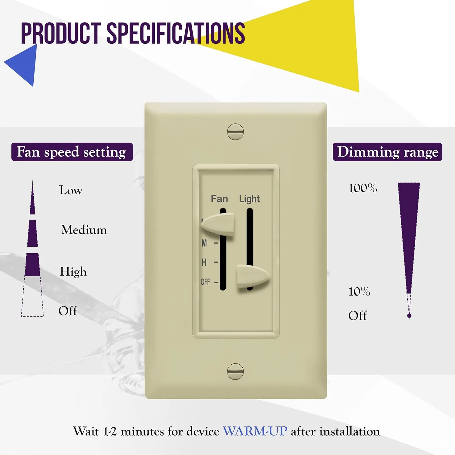 ENERLITES 3 Speed Ceiling Fan Control and LED Dimmer Light Switch, Light and Fan Combination Switch, Single Pole, 2.5A, 300W Incandescent, No Neutral Wire Required, 17001-F3-I-F, Ivory