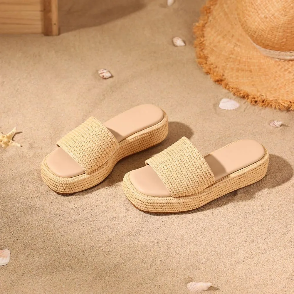 Erocalli Platform Sandals Women Cute Wedge Espadrilles Slip on Summer Beach Raffia Vacation Sandal Comfortable Open Toe Dressy Shoes