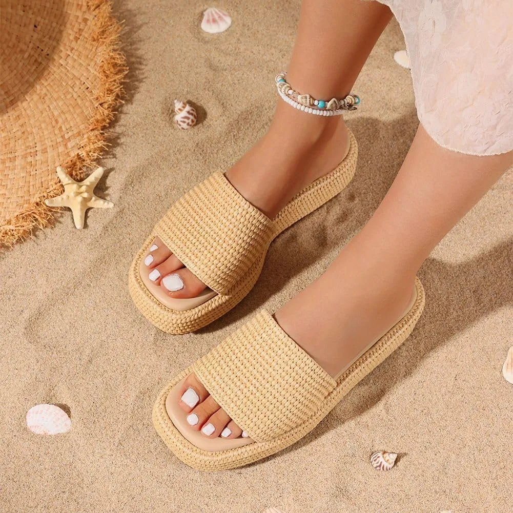 Erocalli Platform Sandals Women Cute Wedge Espadrilles Slip on Summer Beach Raffia Vacation Sandal Comfortable Open Toe Dressy Shoes