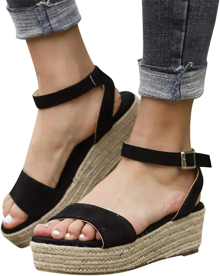 Espadrilles Wedges for Women,Casual Espadrille Platform Sandals Comfort Open Toe Ankle Strappy Studded Flatform Sandal Shoes
