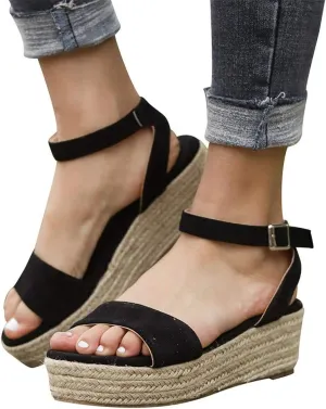 Espadrilles Wedges for Women,Casual Espadrille Platform Sandals Comfort Open Toe Ankle Strappy Studded Flatform Sandal Shoes