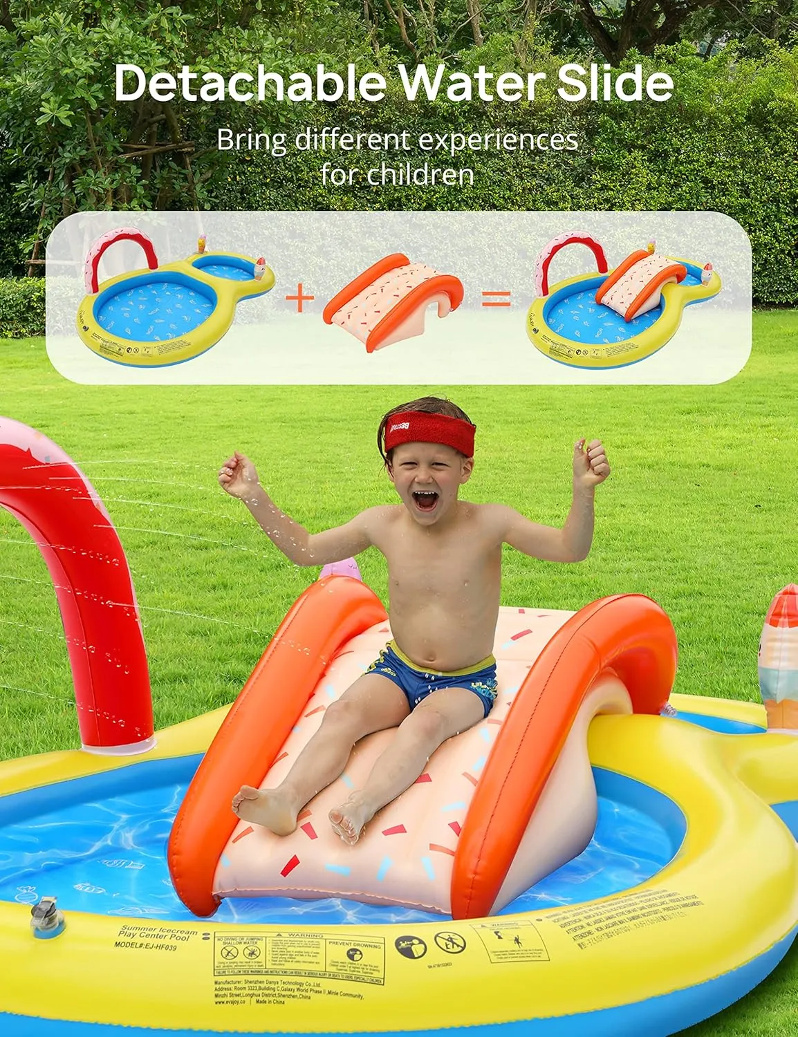 EVAJOY Inflatable Kiddie Pool, 101” x 57” x 24” Play Center with Detachable Slide for Children, Sprinkler, Ball Pit for Indoor Usage, Easy Setup for Garden, Backyard