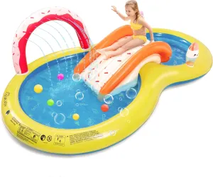 EVAJOY Inflatable Kiddie Pool, 101” x 57” x 24” Play Center with Detachable Slide for Children, Sprinkler, Ball Pit for Indoor Usage, Easy Setup for Garden, Backyard