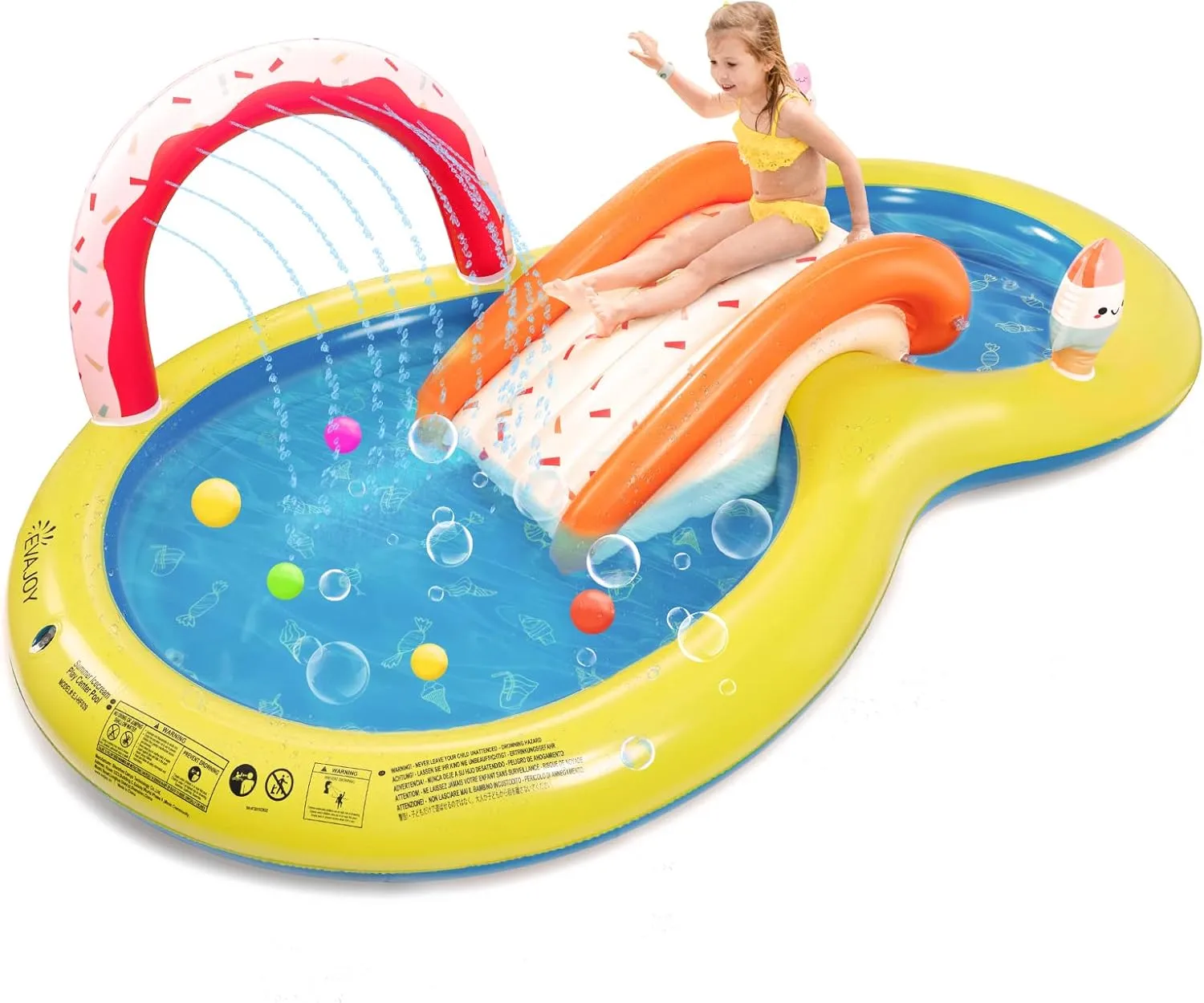 EVAJOY Inflatable Kiddie Pool, 101” x 57” x 24” Play Center with Detachable Slide for Children, Sprinkler, Ball Pit for Indoor Usage, Easy Setup for Garden, Backyard