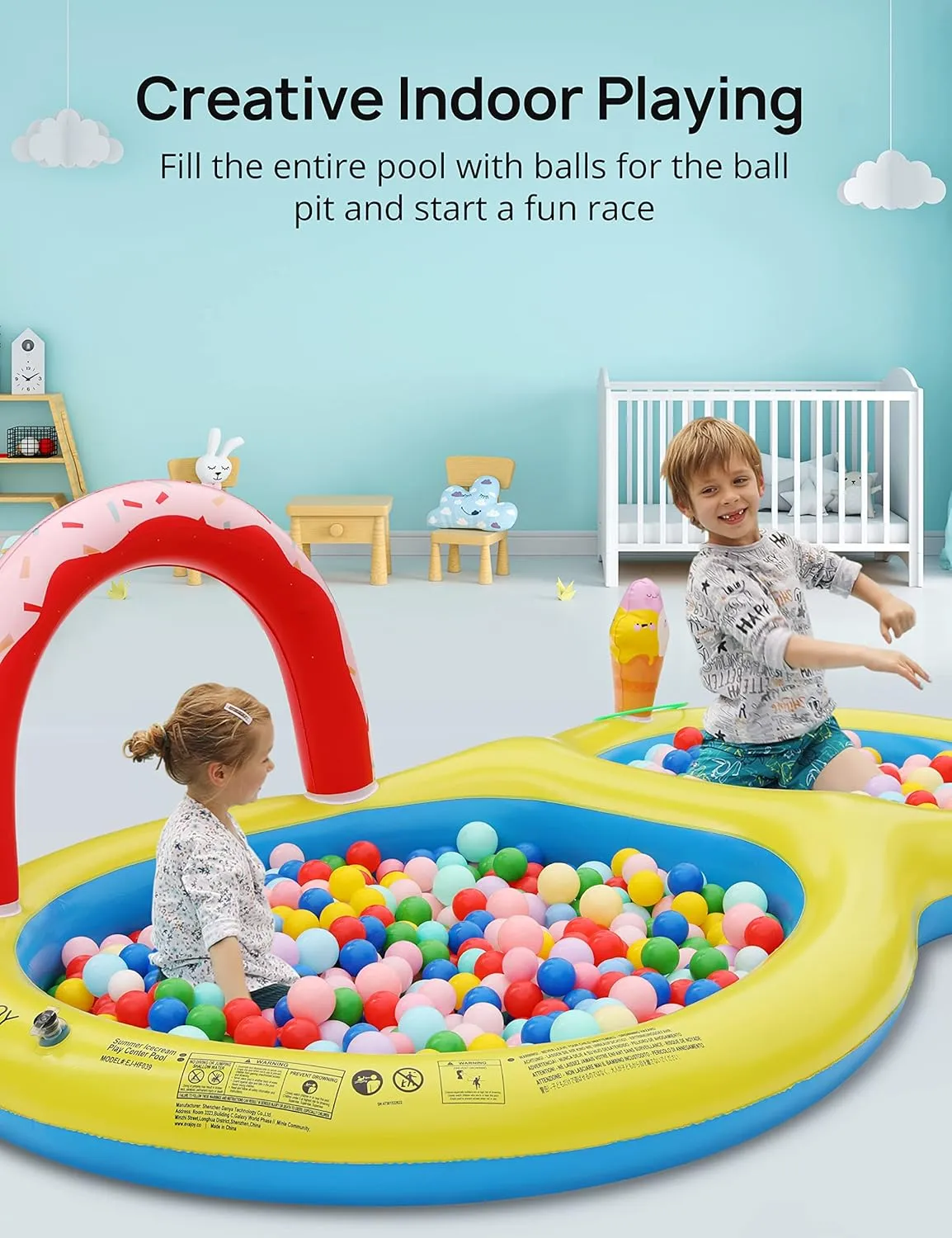 EVAJOY Inflatable Kiddie Pool, 101” x 57” x 24” Play Center with Detachable Slide for Children, Sprinkler, Ball Pit for Indoor Usage, Easy Setup for Garden, Backyard