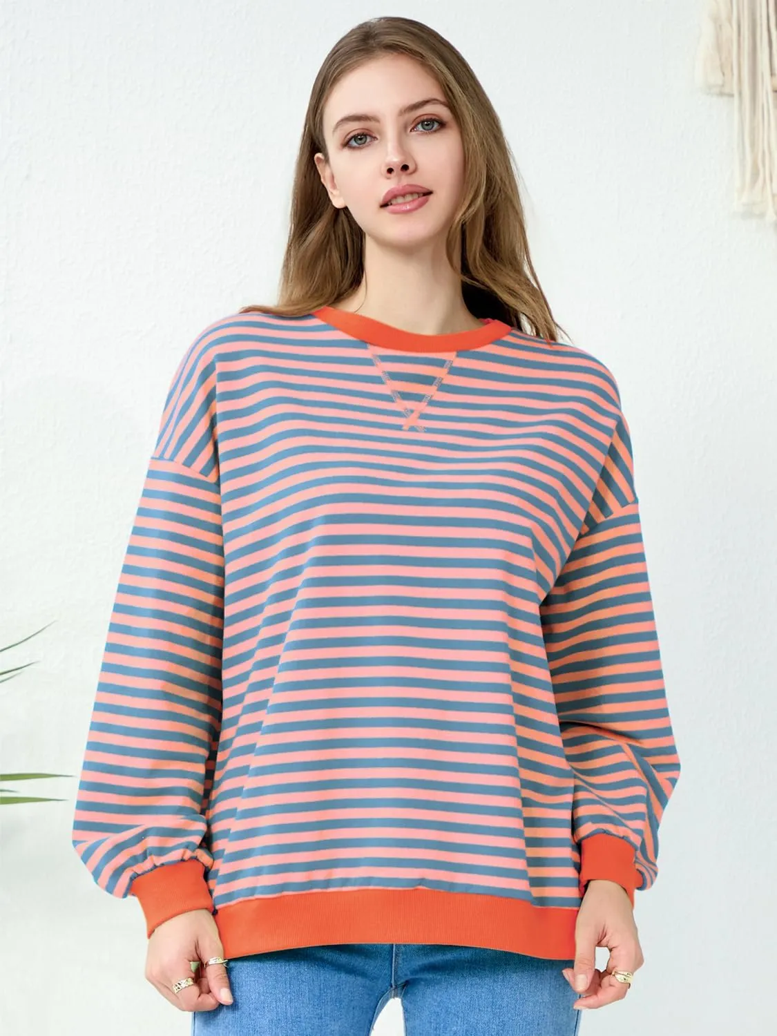 EYZH Women Oversized Striped Color Block Long Sleeve Crew Neck Sweatshirt Casual Loose Pullover Tunic Tops Outfits